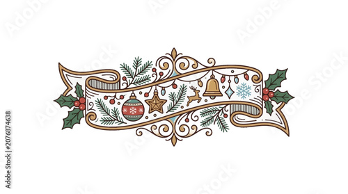 Vintage Hand Drawn Christmas Ribbon Banner with Ornaments and Holly.