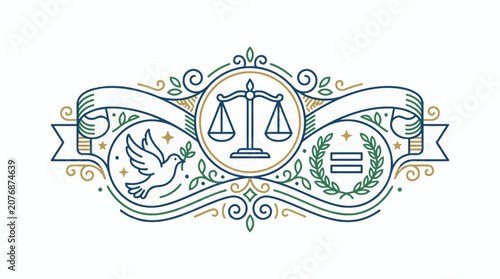 Vintage Style Emblem Featuring Scales of Justice Peace Dove and Equality Symbol with Decorative Ornaments.
