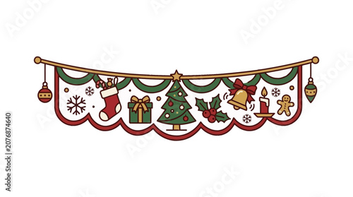Festive Christmas banner featuring a tree stocking gift and other holiday symbols.