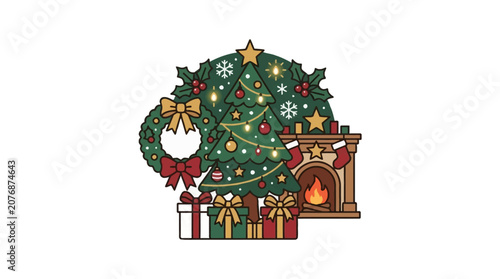 Flat illustration of a cozy Christmas scene featuring a decorated tree fireplace and gifts.