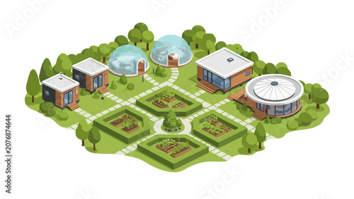 Isometric Sustainable Eco-Village with Geodesic Domes and Organic Gardens
