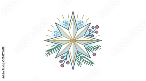 Hand drawn Christmas star with pine branches berries and snowflakes illustration on white background.