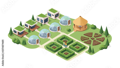 Isometric Sustainable Eco-Village with Geodesic Domes, Green Roof Tiny Houses, and Organic Gardens
