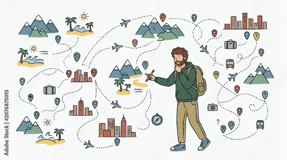 Naklejka premium Tourist Planning Route with Multiple Destinations and Map Paths Vector Illustration