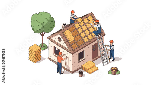 Construction workers installing new roof tiles on a house with stacks of materials nearby depicting a residential renovation project.