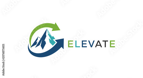 Obraz na plátne Modern mountain logo design with an encircling green arrow and ELEVATE text, symbolizing growth and nature, isolated on a white background