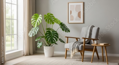 Serene and minimalist reading corner mockup with a lush Monstera plant, comfortable armchair, wooden side table, and abstract art by a bright window.