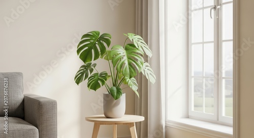 Lush Monstera deliciosa plant in a minimalist interior, positioned on a wooden table beside a sunlit window, enhancing modern home decor.