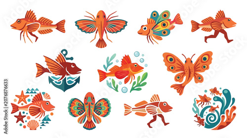 Photos Collection of stylized, anthropomorphic fish and sea creatures in various poses and designs, with vibrant orange and teal colors