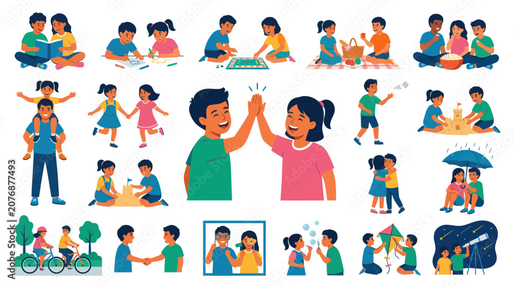 Fototapeta premium Diverse Children Activities Flat Style Vector Set - Childhood, Play, Friendship