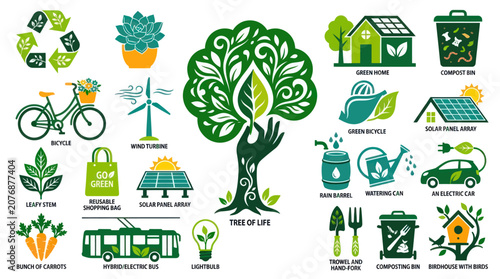 Eco-friendly Icons: Green Energy, Nature, Sustainability - Flat Design