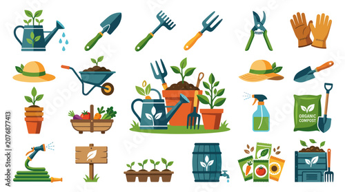 Flat Design Garden Tools and Plants Icons Set, Organic Gardening Concepts