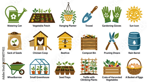 Flat Style Gardening Icons Set: Watering Can, Vegetables, Tools, and More
