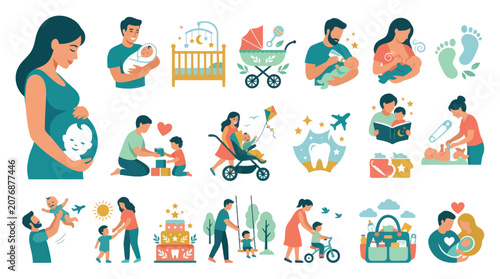 Parenting and Family Life Flat Vector Illustration Set. Newborn, Baby, Toddler, Parent, Pregnancy  Childcare Icons