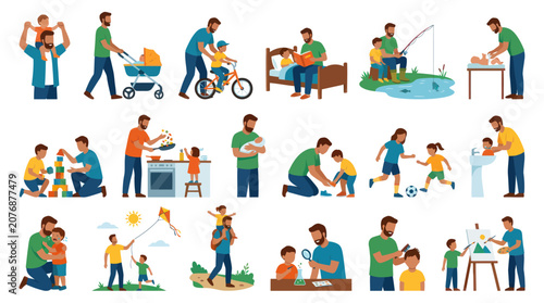 Father Son Activities Flat Illustration: Family Bonding, Sports, Education, Daily Life