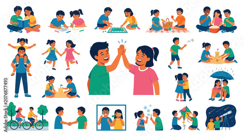 Diverse Children Activities Flat Style Vector Set - Childhood, Play, Friendship