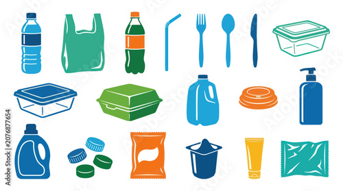Flat Design Icons of Plastic Products for Environmental  Recycling Themes