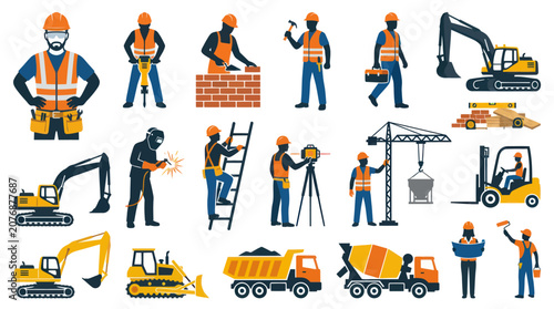 Construction Workers and Equipment Flat Vector Icons Set