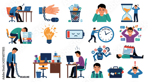 Workplace Stress  Burnout Flat Vector Illustration Set of Overworked Business People  Deadline Icons
