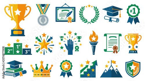 Modern Flat Icons: Education, Achievement, Success, and Award Symbols Vector Set