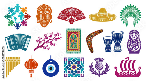 Flat Icons of World Culture Symbols - Travel, Music, Art, Tradition