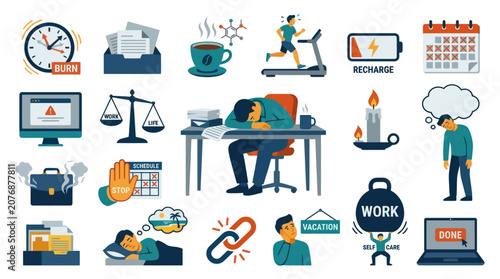 Flat Business Burnout, Work-Life Balance, Stress, and Self-Care Icons Set for Mental Health  Productivity