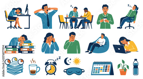 Flat Style Vector Icons: Tired Office Workers, Sleep, Exhaustion, Burnout