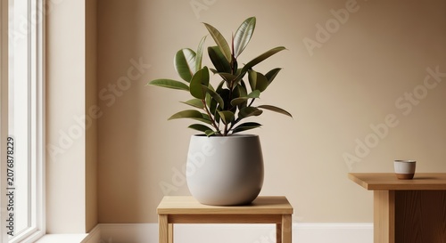 Minimalist interior with a healthy Ficus elastica (rubber plant) in a gray ceramic planter, elevated on a wooden stool by a sun-drenched window.