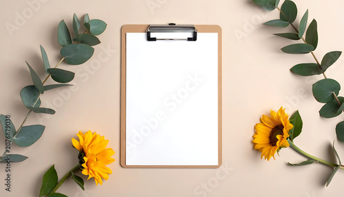 Wooden clipboard with blank paper, decorated with sunflower and eucalyptus branches for stationery mockup, social media flatlay, event invitation