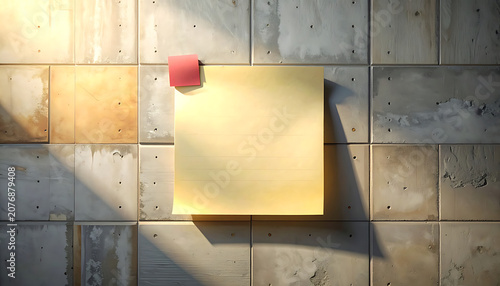 Yellow sticky note on a textured grey concrete wall, reminder paper element for office organization and messaging
