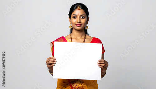 Young Indian woman in traditional sari holding blank white board for message, marketing