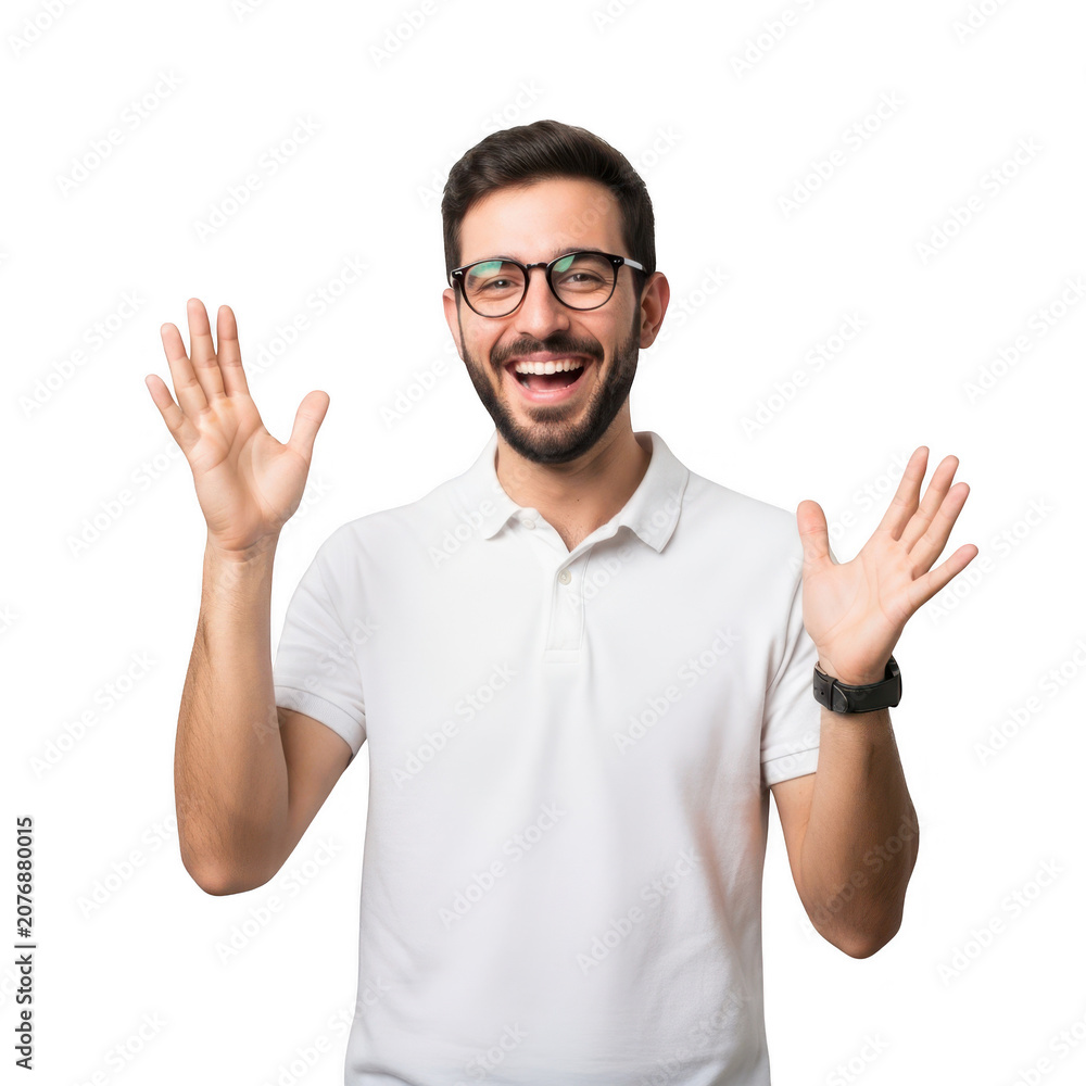 Fototapeta premium Happy young man with glasses laughing and waving his hands in joy