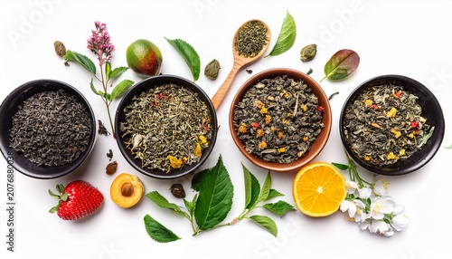 Loose Tea Leaves With Herbs Flowers And Fruit Panorama Black Green And White Teas And Infusions Overhead Flat Lay Panoramic Shot On White