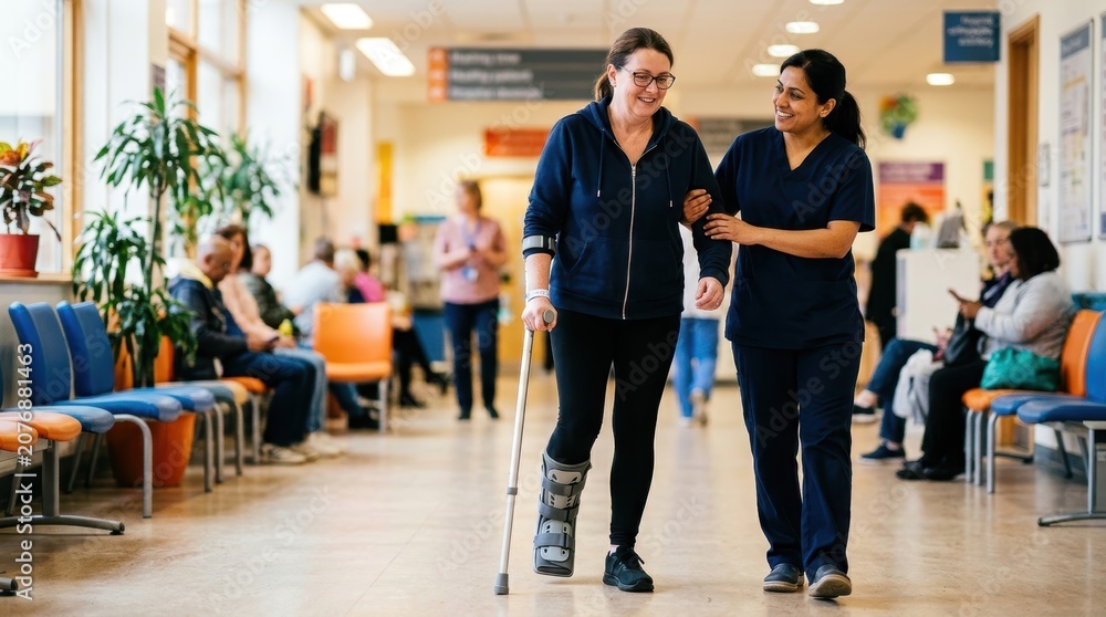 Fototapeta premium Two Healthcare Professionals Walking and Talking in Hospital Lobby.