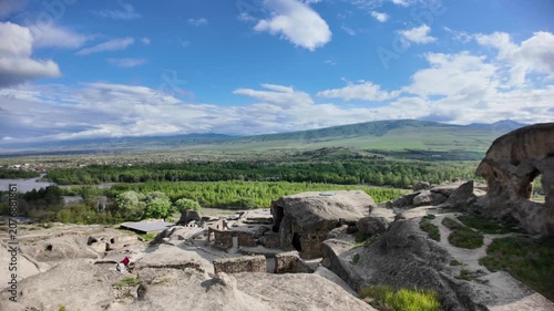 Uplistsikhe rock-hewn town, an ancient settlement dating from the Early Iron Age, presents carved structures into the sandstone overlooking the Mtkvari river valley near Gori, Georgia