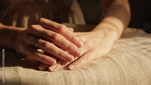 Relaxed hands resting gently on a textured linen fabric.