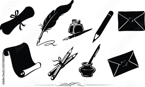 Foto Vintage Writing Tools Set Quill Scroll Envelope and Ink Vector Icons