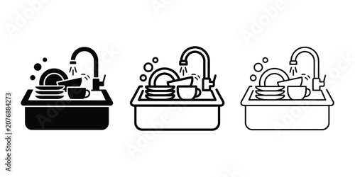 Foto Washing dishes icon silhouette vector, bold outline and line art isolated illust