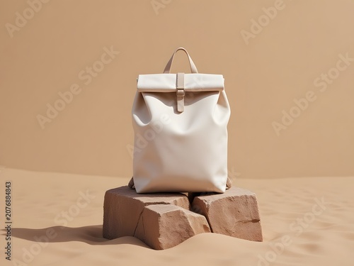 Sleek and versatile light-colored roll-top backpack elegantly positioned on textured natural stones, highlighting its modern design and minimalist appeal