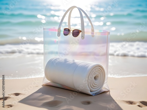 Holographic Beach Tote Bag with Rolled Towel and Sunglasses on Sunny Seashore Sand