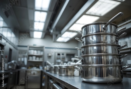Stacked stainless steel pots in commercial kitchen interior