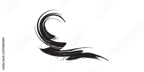 Dynamic Black Brushstroke Wave Abstract Art on White Background.