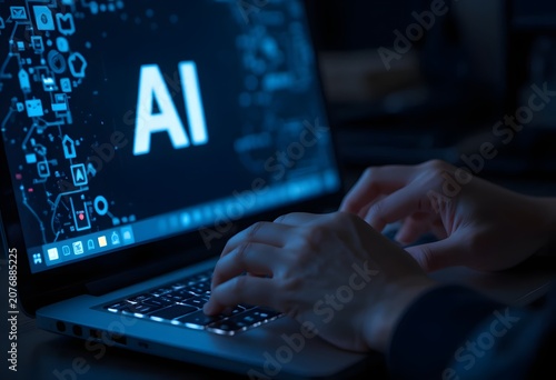 Person using laptop with AI technology interface in dark bedroom setting
