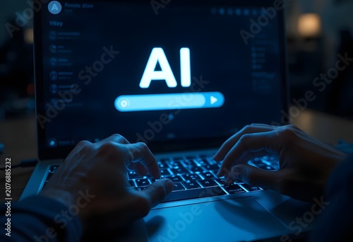 Typing on laptop with AI interface on screen in dark room