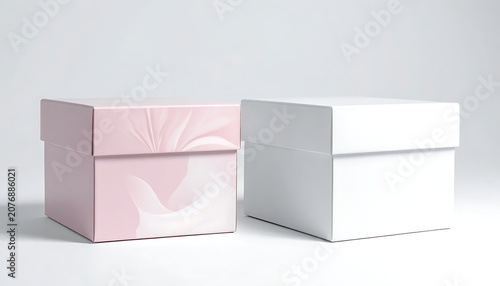 Two square gift boxes, one pink marble pattern and one plain white, packaging mockup