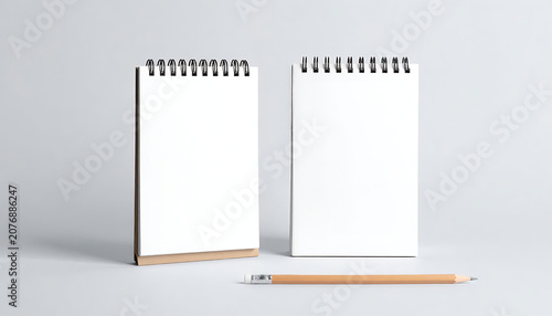 Two standing wire bound memo pads mockup with pencil for office stationary branding