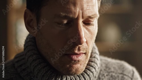 Serious Caucasian man in grey turtleneck sweater.