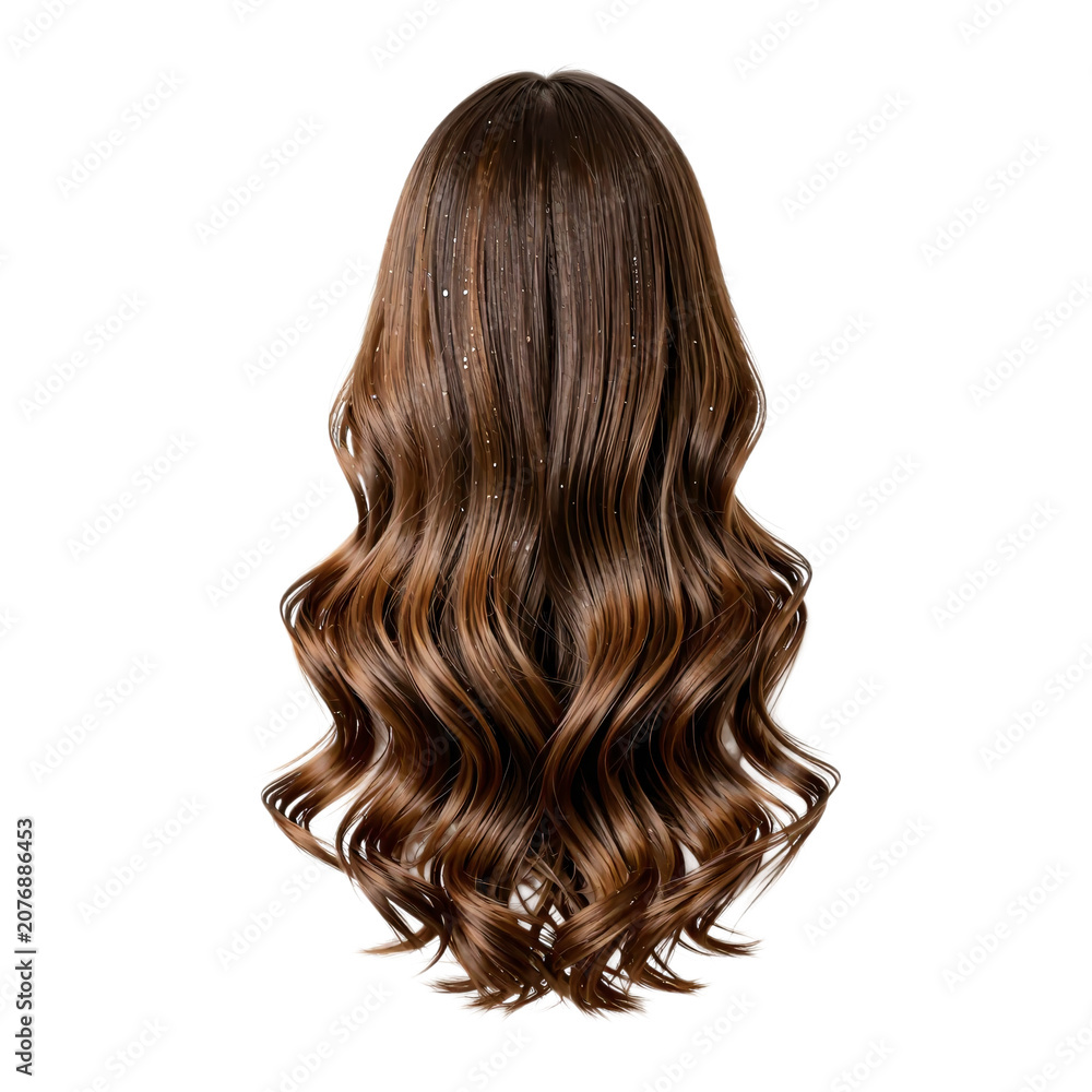 Fototapeta premium Gorgeous hairstyle with brown wavy hair and light sparkles on a white background