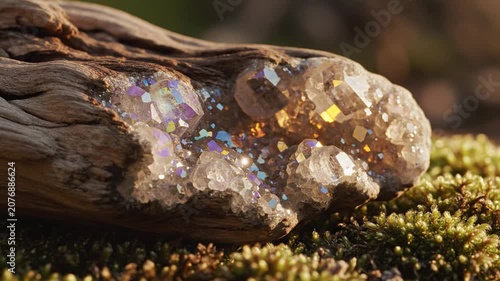 Shiny quartz crystals growing on a piece of wood