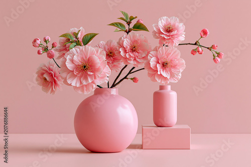Pink peony blossoms in ceramic vases on pastel background